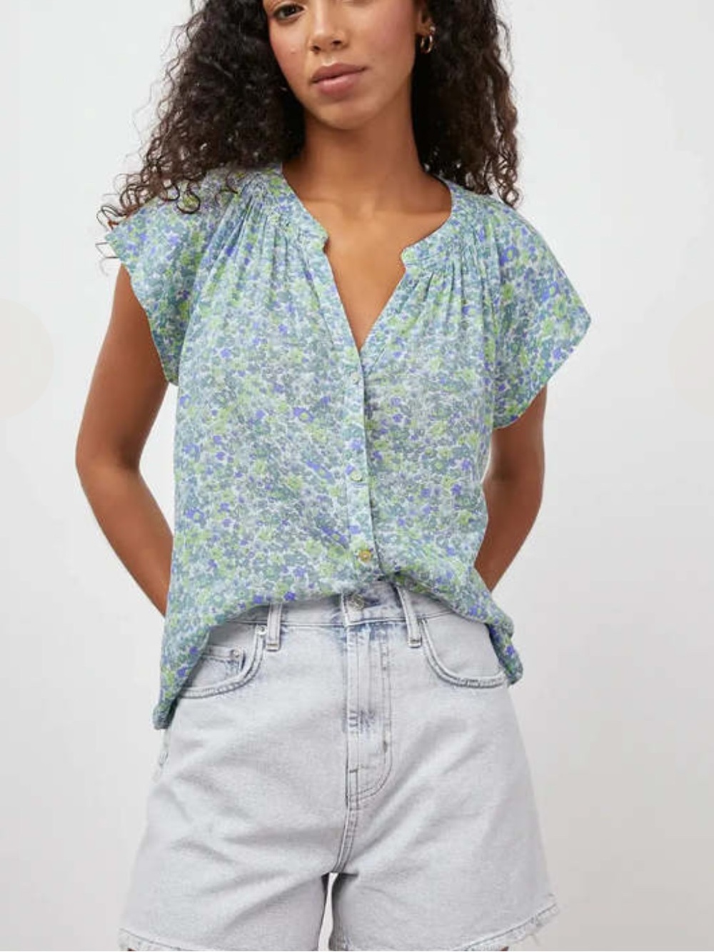 Rails Alena Linen Floral Button-Up Blouse in Blue and Green Size Small Cottageco
